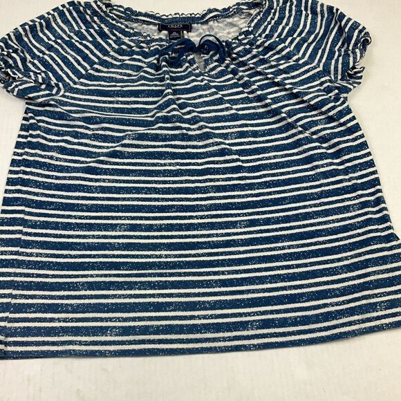 Chaps Womens Cotton Peasant Top Blue Ivory Stripe Short Sleeve Neck Tie Shirt XL - Picture 2 of 10
